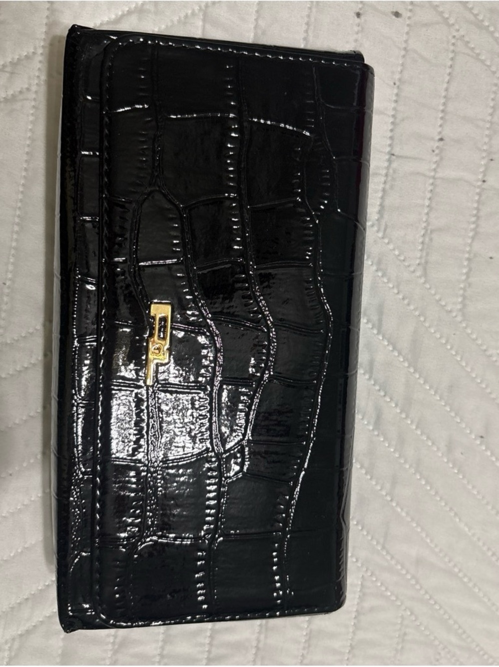 Ralph Lauren Black Croc-Embossed Continental Wallet with Gold Hardware